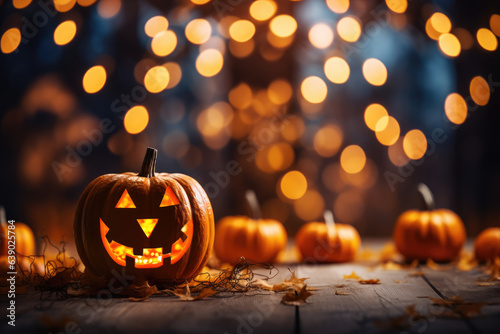 Halloween pumpkin scene with candles and bokeh lights