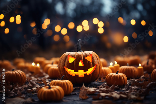 Halloween pumpkin scene with candles and bokeh lights