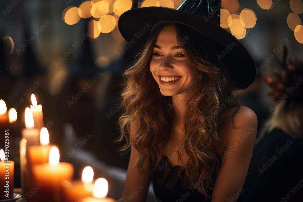 Beautiful woman in a hat as a witch on halloween looks at candles Beautiful woman in a hat as a witch on halloween looks at candles