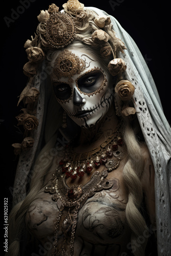 Woman carnival dress and mask in style of Santa muerte