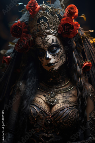 Woman carnival dress and mask in style of Santa muerte