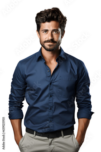 half body portrait of a handsome man wearing a blue shirt isolated on transparent background ,businessman realistic photo cut out ,generative ai