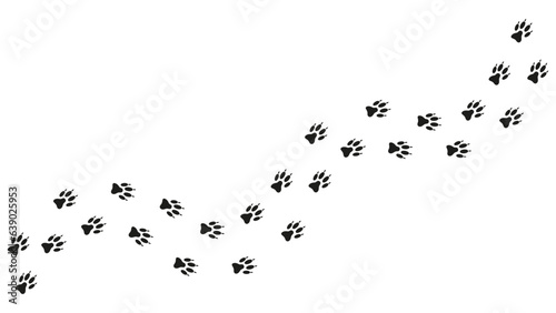 Path footprints of dog, puppy, wolf, fox. Dog paw print, silhouette. Track. Vector isolated. Paw pattern. Wolf trace. Pet shop, printing, textiles, educational book, game, postcard, brochure, booklet © Jafree