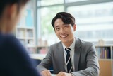 선한 인상의 한국인 고등학교 남자 선생님이 상담실에서 학생과 상담을 하며 밝게 미소 짓고 있는 모습