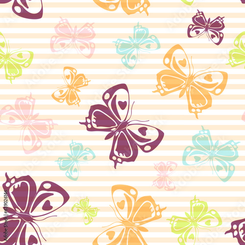 Flying butterfly silhouettes over striped background vector seamless pattern.