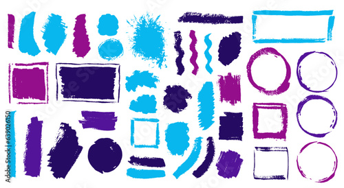 Gouache dust daub mega batch. Freehand border box colorful shapes. Droplet stain textured banner stencil group. Brush stroke ink stains design.
