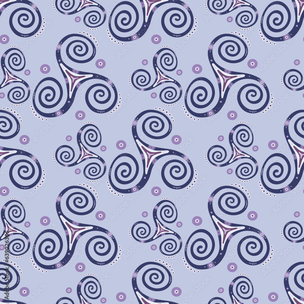 Ancient triple spiral celtic triskele sacred sign repeating pattern. Three legs Ancient triple spiral celtic triskele sacred sign repeating pattern. Three legs
