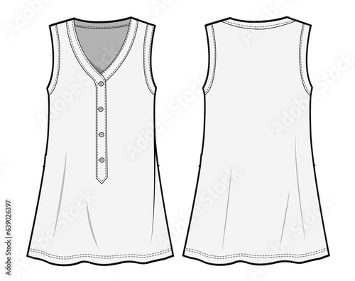V-Neck Button Down Sleeveless Shirt Short Dress Front and Back View. Fashion Flat Sketch Vector Illustration, CAD, Technical Drawing, Flat Drawing, Template, Mockup.