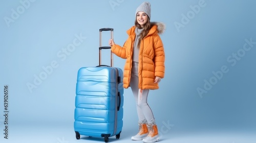 Full body traveler tourist woman in winter ski windbreaker jacket goggles hold valise suitacase isolated on plain blue background studio Passenger travel abroad weekends getaway Air flight concept
