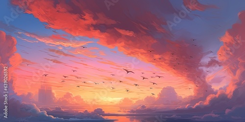 Birds shaped cloud in sunset sky, illustration painting