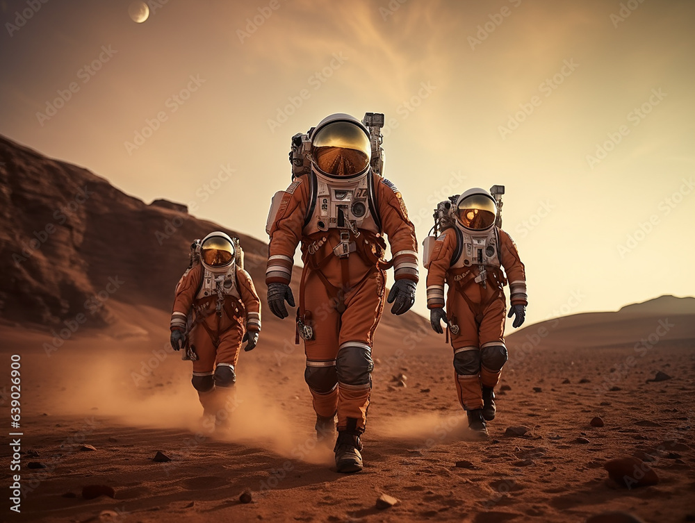 landing astronauts on mars - obrazy, fototapety, plakaty 