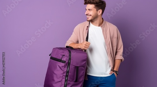 Full size profile side photo of young man happy positive smile travel abroad tickets bag isolated over violet color background photo