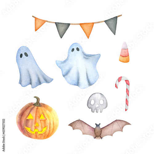 Hand drawn watercolor Halloween set. Watercolor jack o lantern, ghost, skull, candy, bat, garland.
