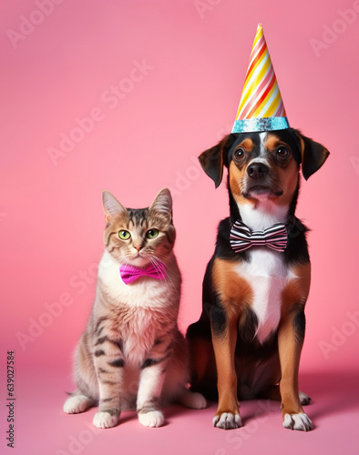 A delightful cat and dog dressed in comical party clothes, standing playfully against a backdrop bursting with vibrant colors, creating a whimsical and cheerful scene that is sure to bring smiles.