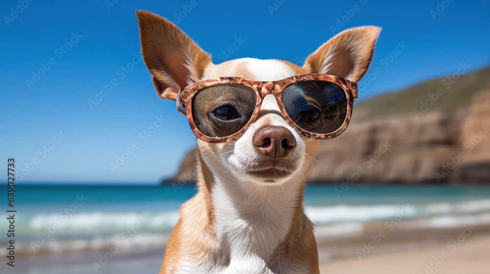 Funny chihuahua dog posing on a beach in sunglasses Funny chihuahua dog posing on a beach in sunglasses