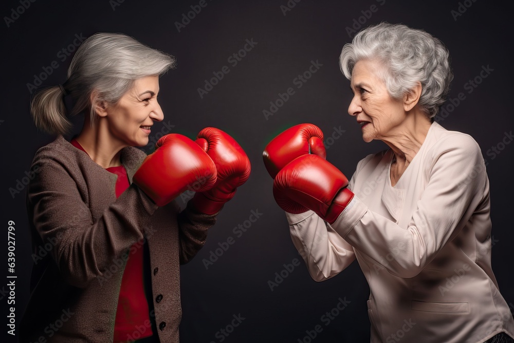 Mature Women in Boxing Stances - Concept of Conflict and Confrontation Mature Women in Boxing Stances - Concept of Conflict and Confrontation