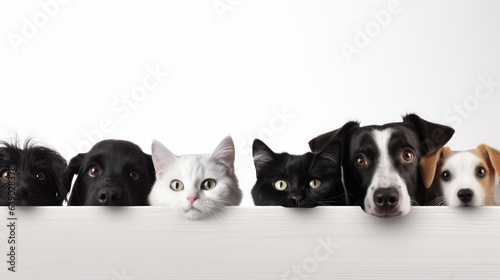 Funny happy dogs and cats peeking over blank white web banner or social media cover with paws hanging over