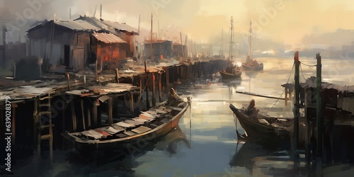Digital painting showing jetty and fishing boats at harbor