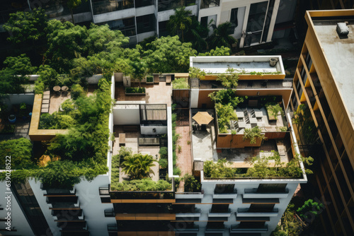Aerial view of a rooftop garden on top of a building in the city photo