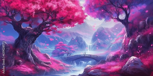 Fantasy landscape with pink magical leaves  illustration painting