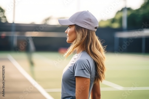 Side view of young woman in baseball cap looking away on tennis court © Nerea