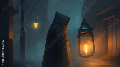 A hooded figure stands beside a glowing lantern, which exudes a mystical energy. The figure seems to be searching for something. Location: a dark alley. Random item: a silver key. Weather: a misty eve