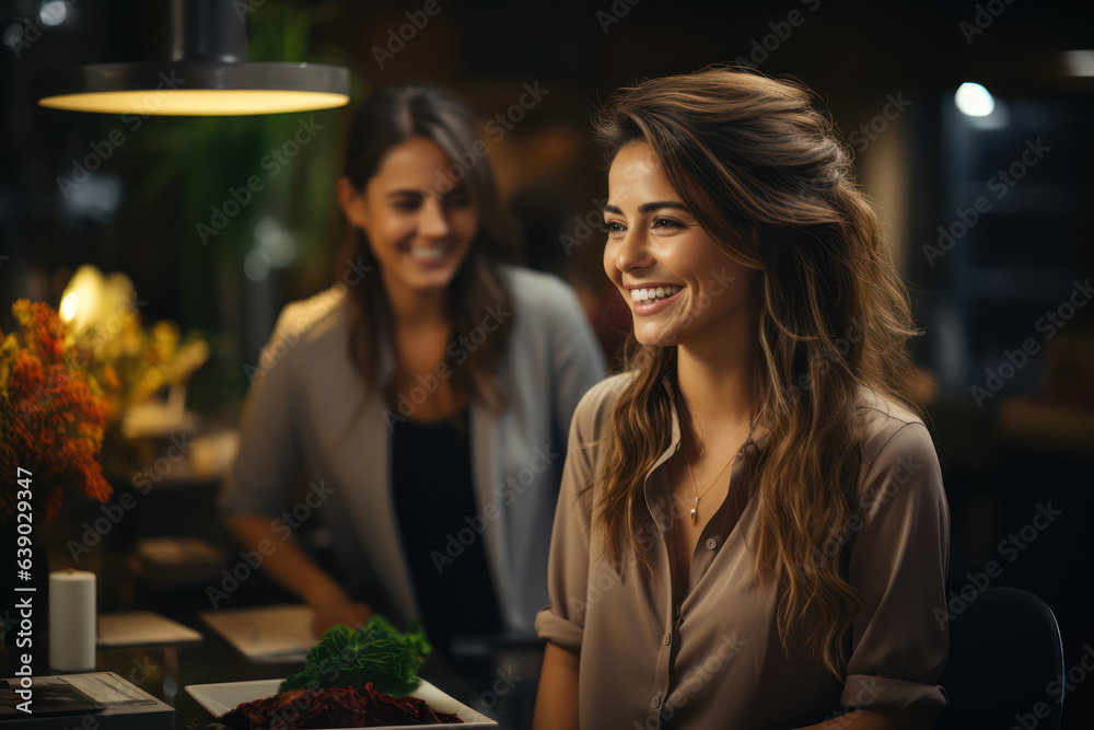 A woman smiles in a restaurant, office, making new relationships between people. Generative Ai.