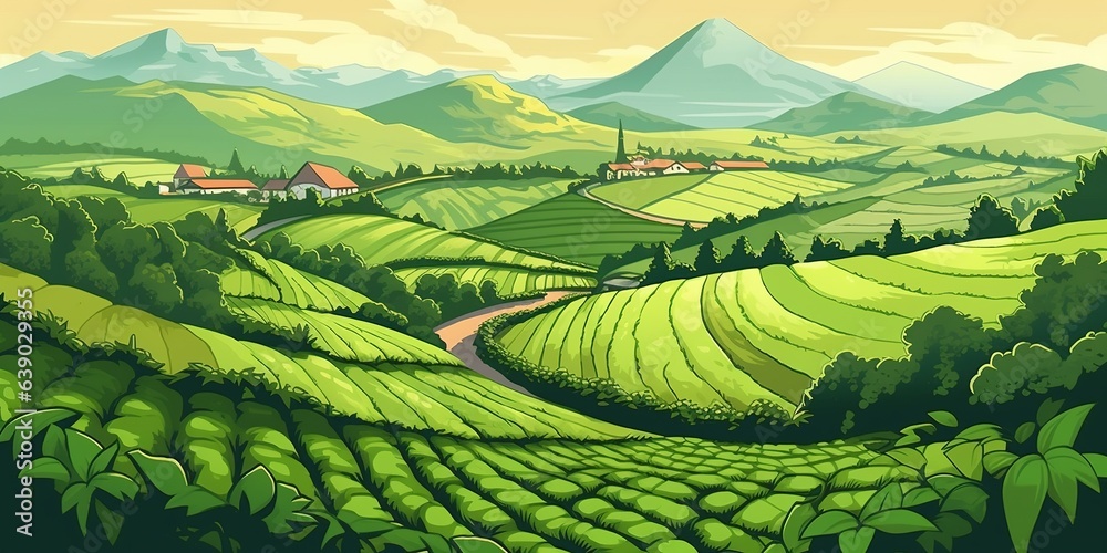 Green tea plantation landscape. Rural farmland fields, Terraced farmer, hills with greenery and mountain on horizon. agriculture background. Simple graphic - obrazy, fototapety, plakaty 