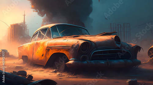 A rusty old car suddenly explodes, sending scraps of metal flying through the air. As the dust settles, a strange mist begins to rise from the wreckage, filling the area with a mystical energy. The lo © Дмитро Синятинський