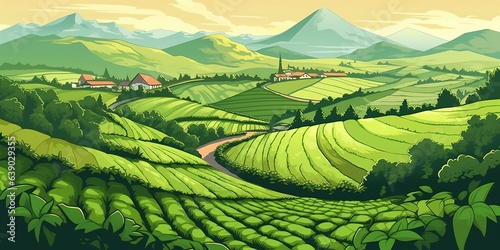 Green tea plantation landscape. Rural farmland fields, Terraced farmer, hills with greenery and mountain on horizon. agriculture background. Simple graphic