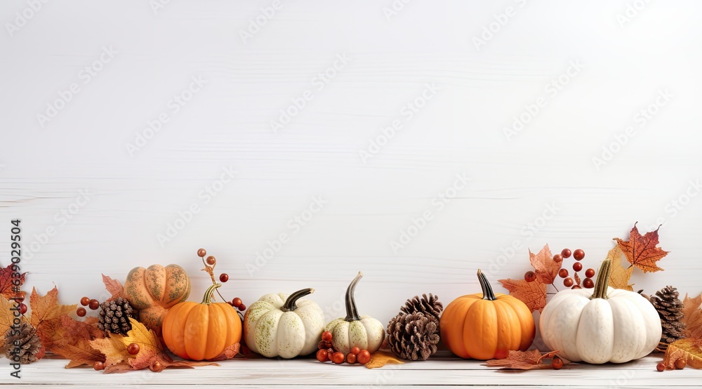 Autumn frame decor from pumpkins, berries and leaves on a white wooden ...