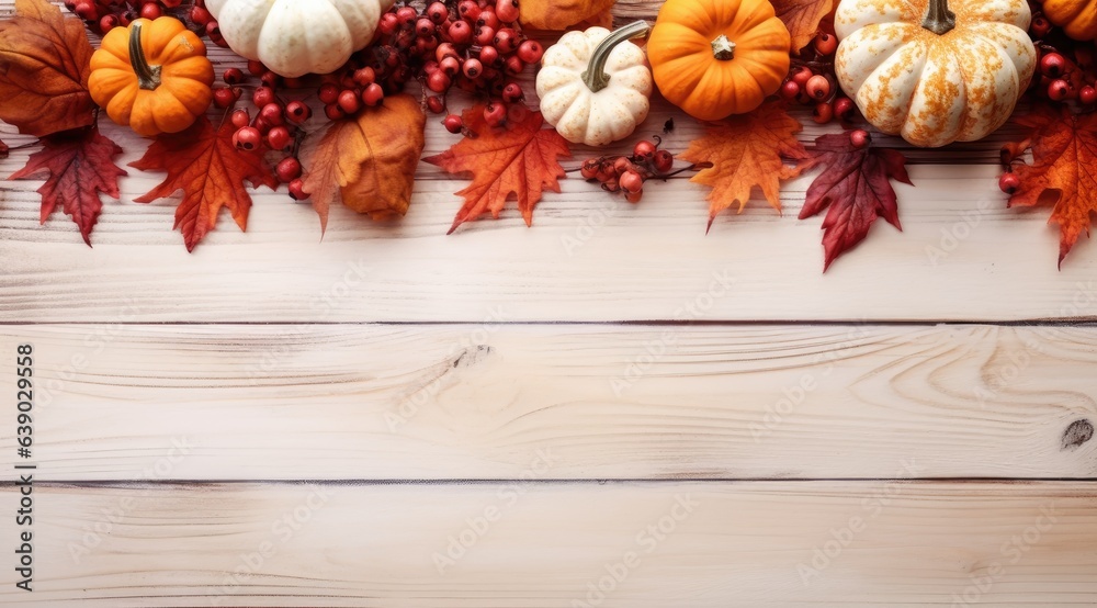 Autumn frame decor from pumpkins, berries and leaves on a white wooden background. Concept of Thanksgiving day or Halloween. Flat lay autumn composition with copy space.