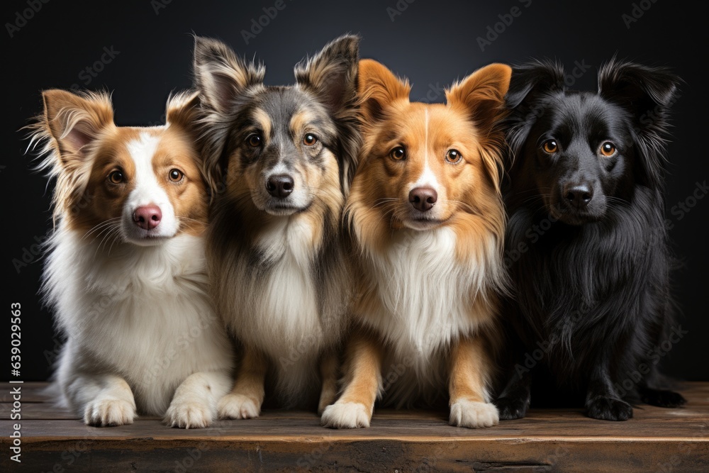 Group of dogs border collie and shetland sheepdog in studio