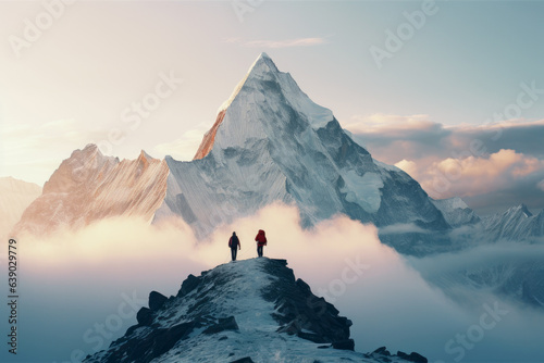 People standing on top of the mountain during sunrise photo