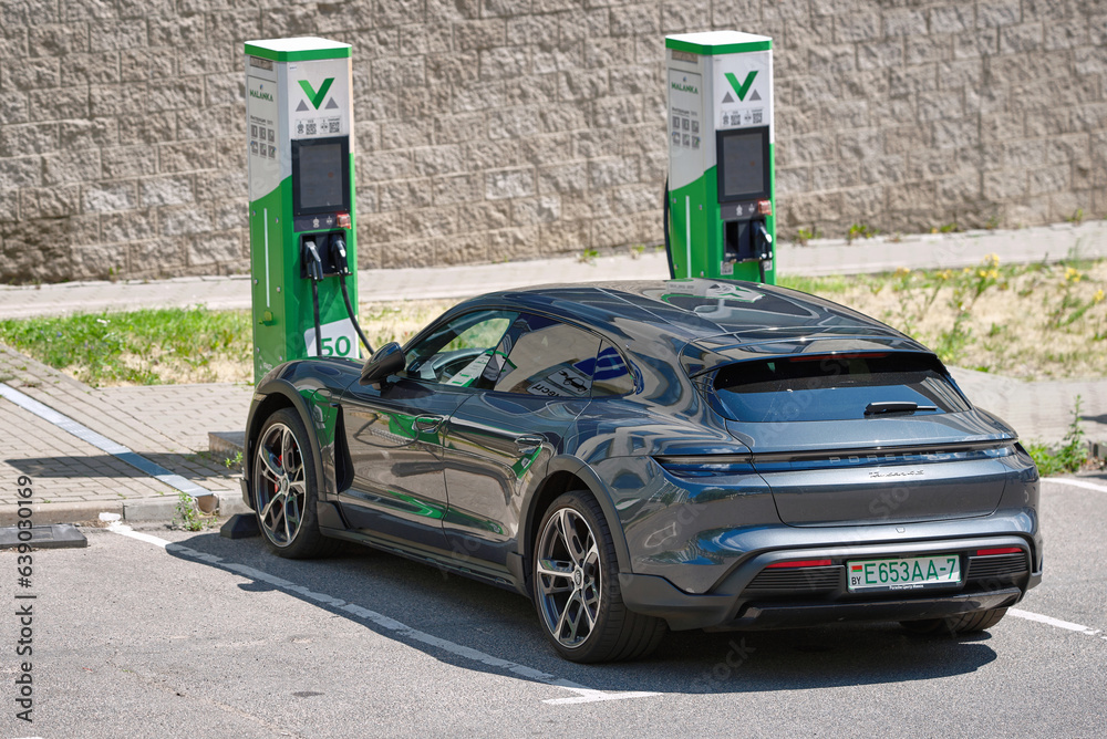 Minsk, Belarus. Jul 17, 2023. Porsche Taycan 4S charging battery at