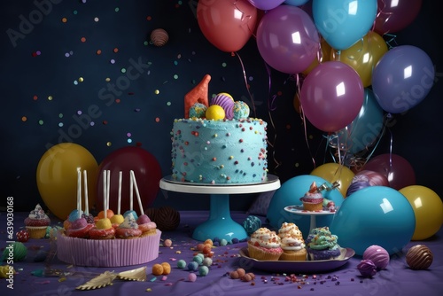 Celebration birthday party with cake and balloons