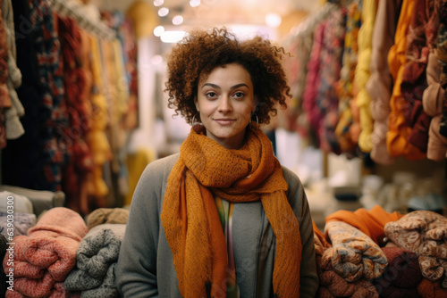 Portrait of a brunette woman in a thrift shop photo