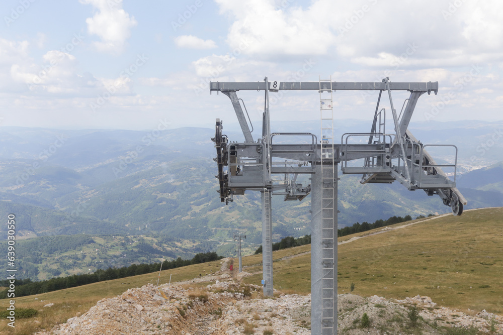 New ropeway project in the mountain area under constructions. Construction, assembly and installation of a ropeway.
