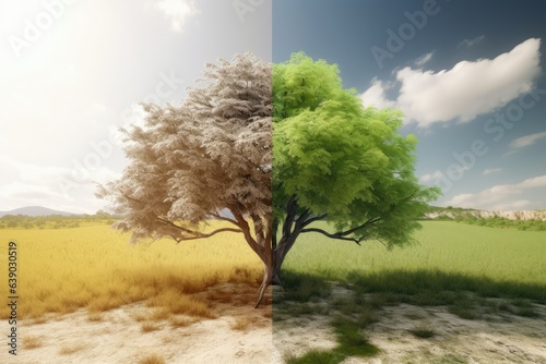 Climate change concept. Tree in two parts 