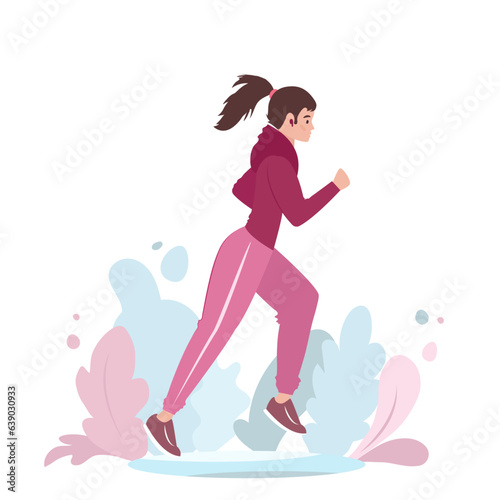 A girl runs against a background of foliage, flat minimalistic illustration, fitness, sports, health application