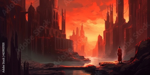 Man in the red robe looking at the ruins of the building in the fantasy land  digital art style illustration painting