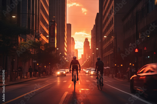 A group of people riding a bicycle in the busy city on the evening photo