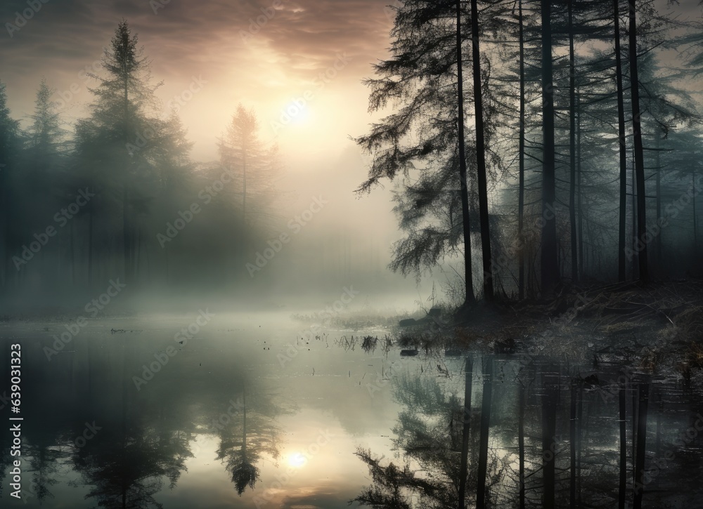 Fog bare trees are reflected in the river. Autumn rainy weather. Fog bare trees are reflected in the river. Autumn rainy weather.