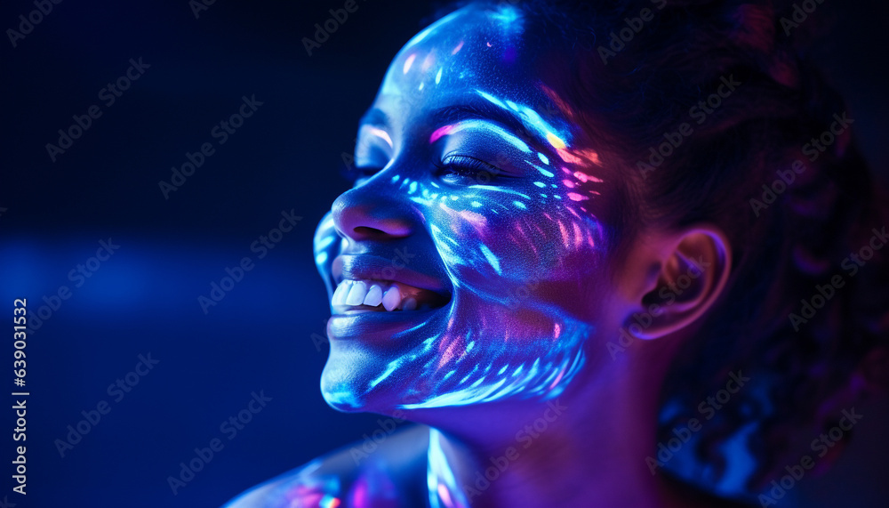 smiling woman in glowing neon paint in dark made with generative AI smiling woman in glowing neon paint in dark made with generative AI