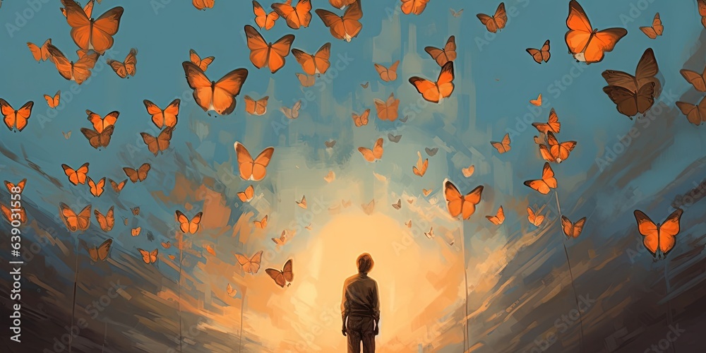 Man releasing glowing balloons and butterflies flock in the sky, illustration painting - obrazy, fototapety, plakaty 