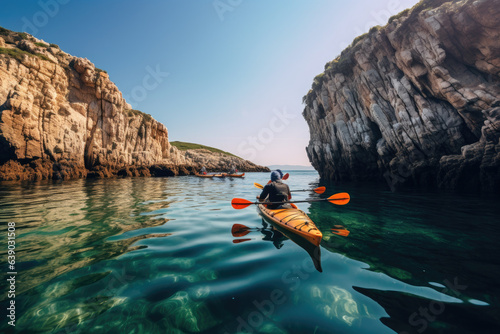 Kayaking and diving between rocks near the coast