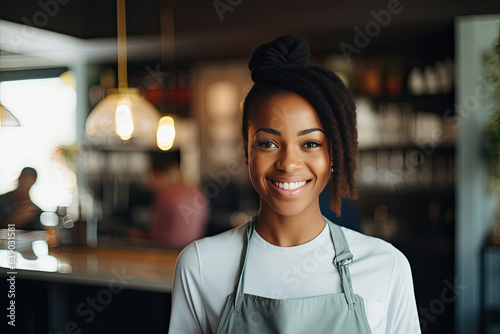  Portrait of a happy and smiling black female waiter, or small business owner in the coffee shop.