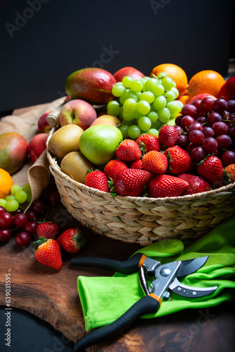 Close-up of Just picked organic fresh fruit assortment in a basket