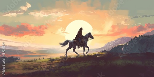 Man riding a horse and running through the hills basking in the morning sun. , digital art style, illustration painting © Coosh448
