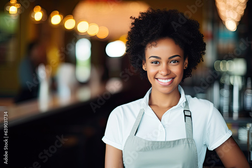  Portrait of a happy and smiling black female waiter, or small business owner in the coffee shop.